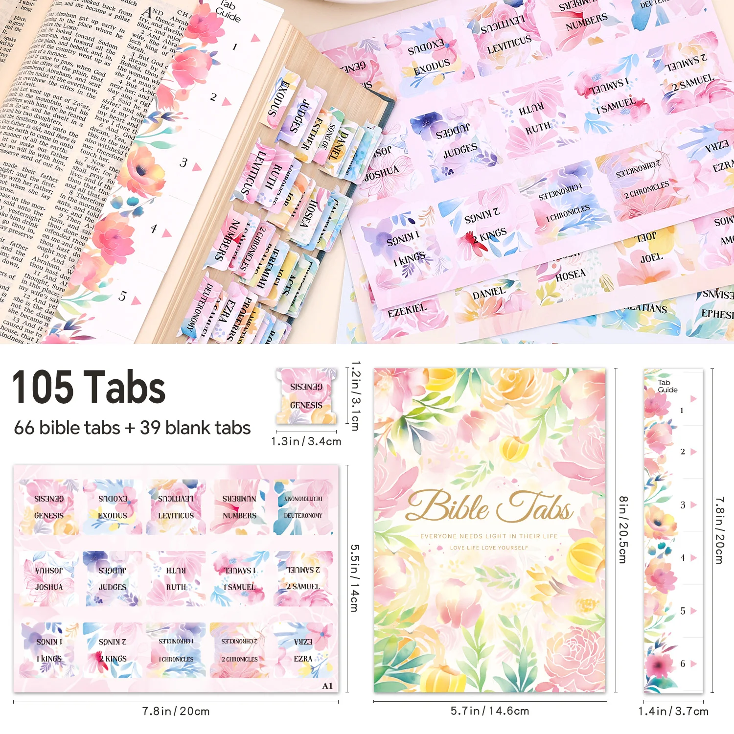 Floral Bible Tabs for Women, 105-Piece Matte Colorful Bible Index Tabs, Old & New Testament Flower-Themed Bible Markers, Vibrant
