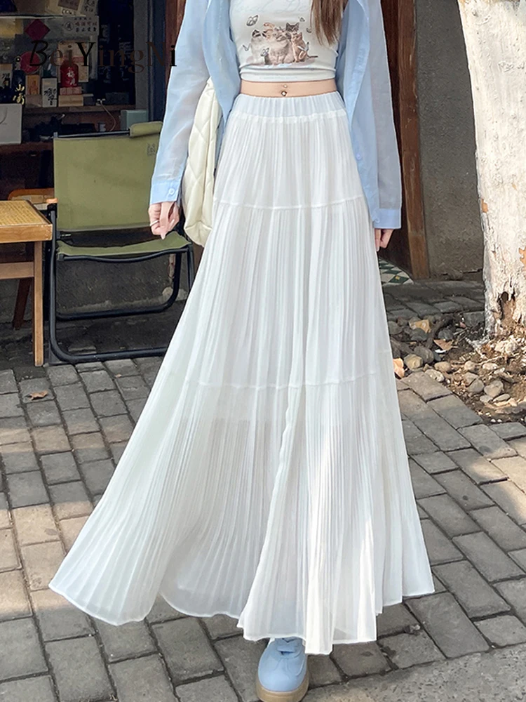 Beiyingni Summer Blue Chiffon Pleated Skirt Women Pure Color Casual Patchwork Apricot Long Maxi Lining Skirts Female Korean