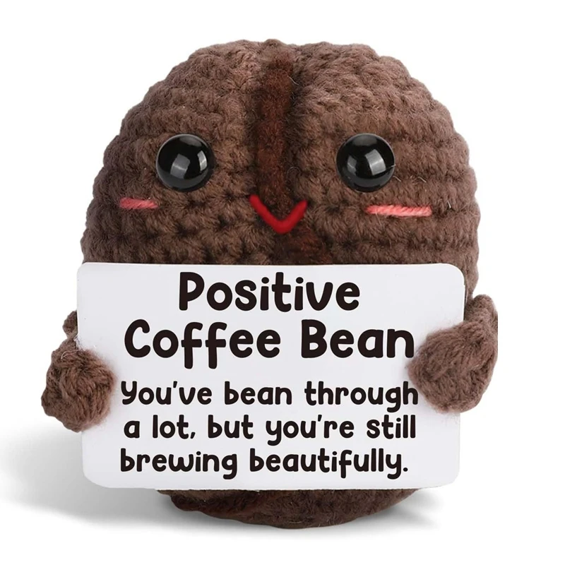Positive Coffee Bean Handmade Crochet Dolls with Card Cute Mini Emotional Support Coffee Beans Desktop Ornament Home Decor Gifts