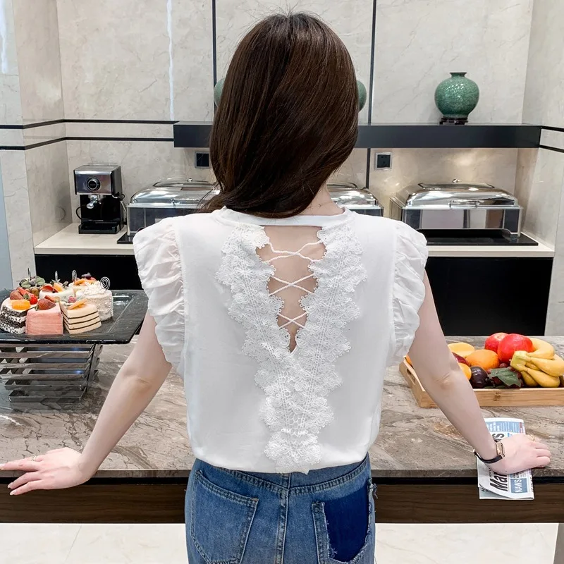 

2024 Summer T Shirts Women Korean Style Petal Sleeve T-shirt Chic Back Hollowed Out Lace Patchwork Ropa De Mujer