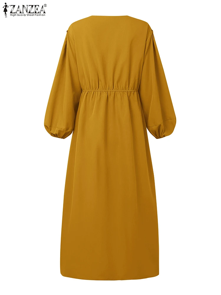 ZANZEA Donne Allentato Maxi Abiti 2025 Autunno Casual Con Scollo A V Lanterna Maniche Elastico A Vita Alta Robes Femme Moda Solido Abiti