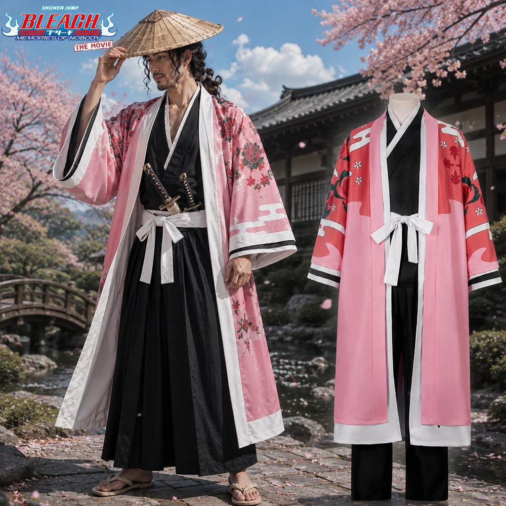 costume-de-cosplay-anime-bleach-shunsui-kyoraku-capteur-de-la-8eme-division-robe-kimono-florale-rose-tenue-de-fete-d'halloween-pour-hommes