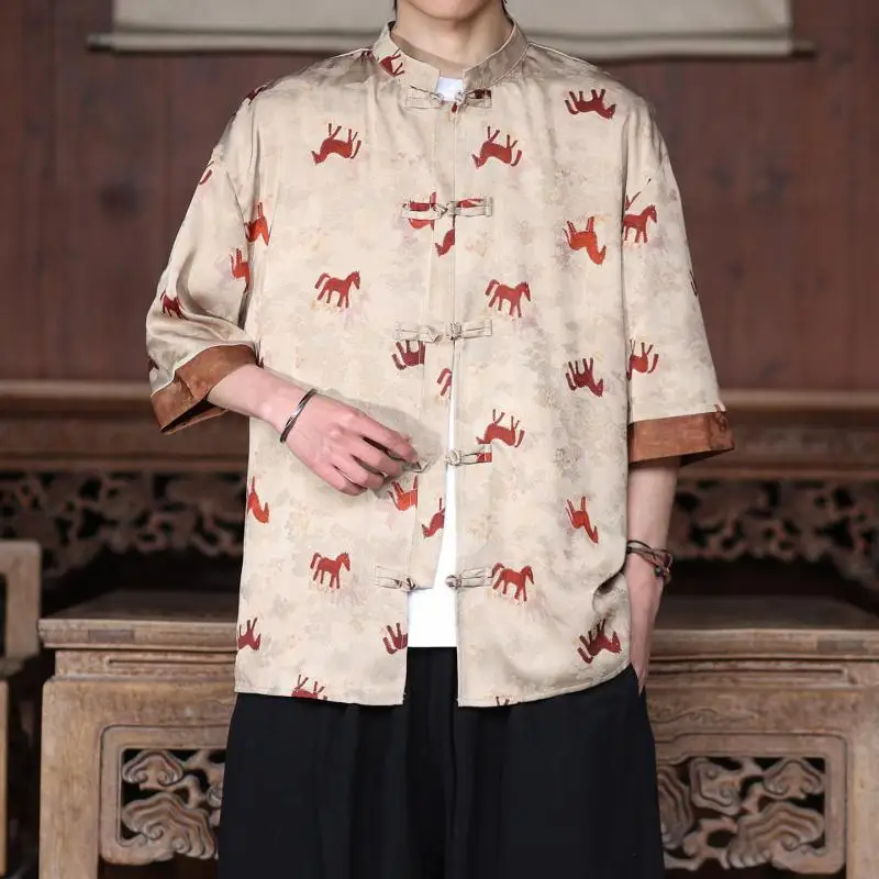 Men Minimalist Mandarin Collar Shirt Modern Horse Print Design Frog Button Front Neutral Beige Half Sleeve Designer Outerwear