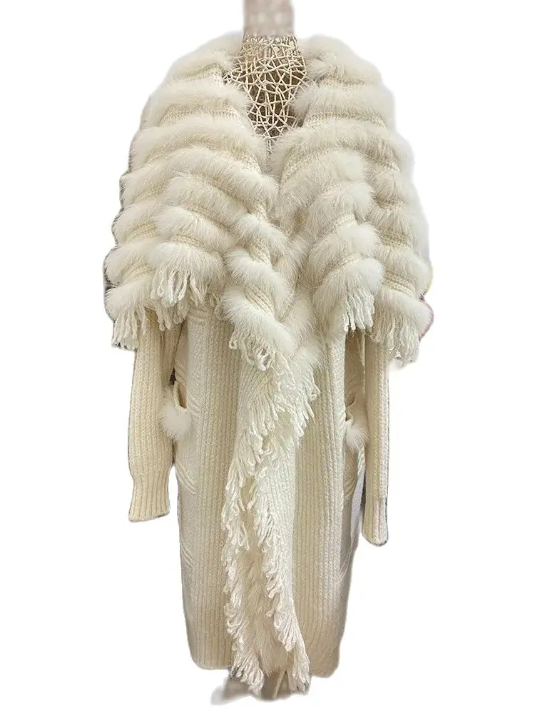 

New Autumn And Winter Style Lazy Style Fox Fur Fringed Large Shawl Mohair X-length Cardigan Jacket For Women