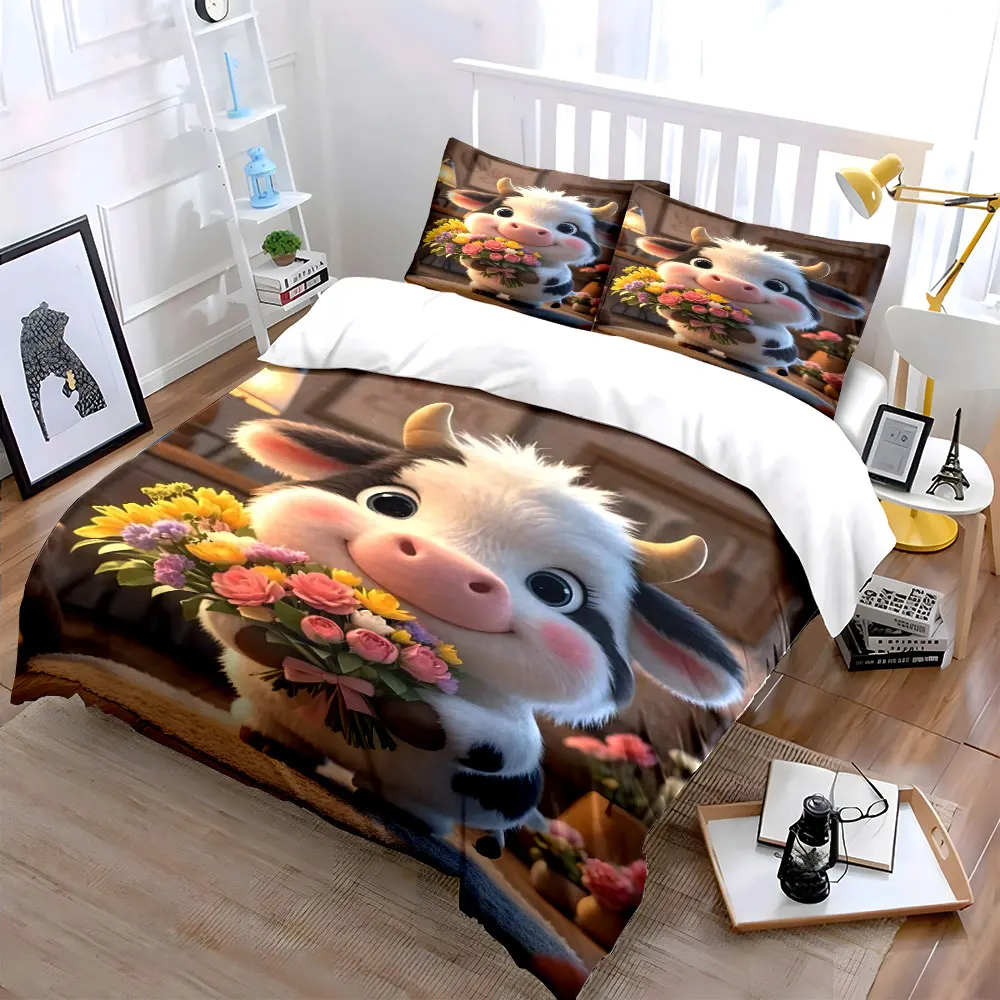 Adorable cow holding flowers Print Bedding Set 1 Duvet Cover 2 Pillowcases for Adult and Children Luxury Gift Full Size