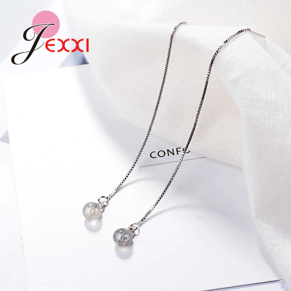 Elegant  Genuine 925 Sterling Silver Long Thread Earrings With White Crystals Balls Design Women Wedding Jewelry