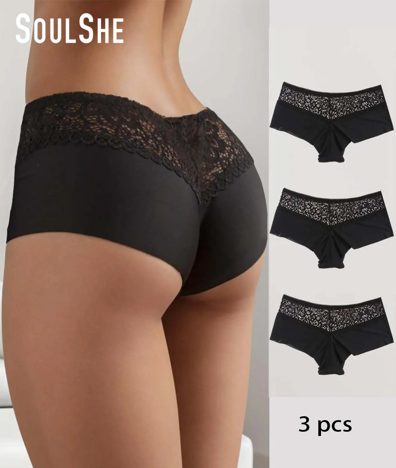 3pcs Women\'s Lace High Waist Seamless Knicker, Soft Comfy Breathable Panty for Daily Wear, boyshort is free shipping