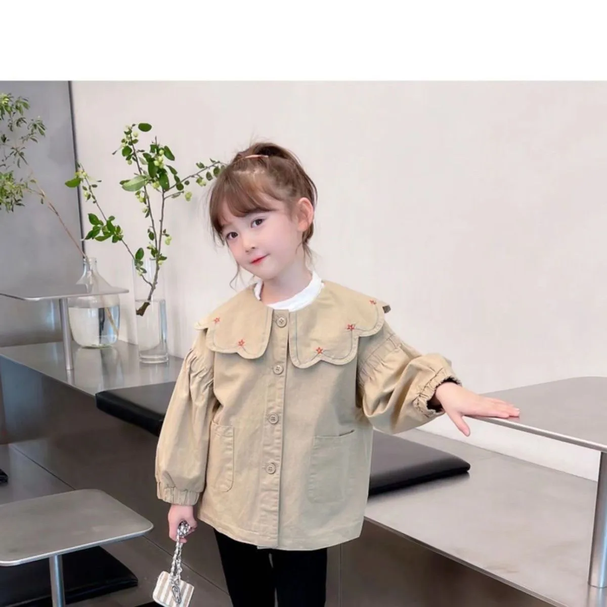 Girls Western-Style Korean Trench Coat Spring Autumn New Fashion Long Sleeved Doll Collar Jacket Children's Outerwear