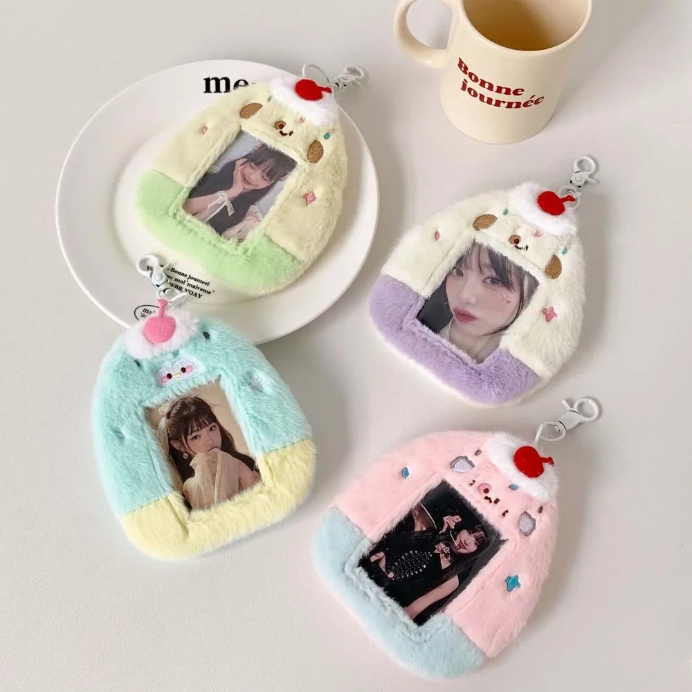 Idol Cartoon Photocard Holder with Keychain Pendant Protective Case Plush Photocard Holder Fluffy Bus Card Holder