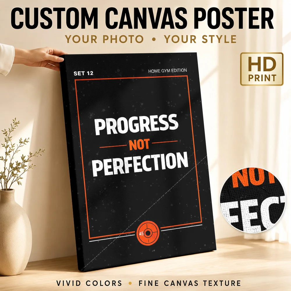 Progress Not Perfection – Gym Motivation  (Home Gym Edition) Framed Canvas Poster Personalized Text Wall Art for Bedroom Decor