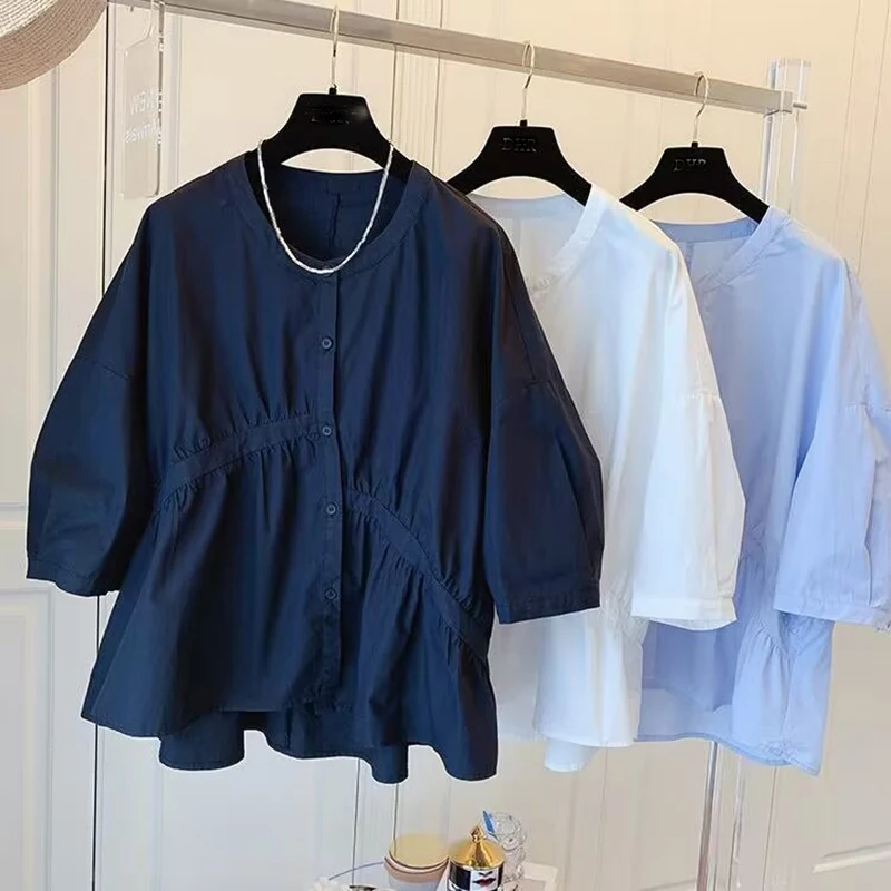 

Causal Loose Doll Shirt Korean Chic O-neck Blouses 2023 Summer Ladies Puff Sleeve Pleated Blusas Camisas Mujer