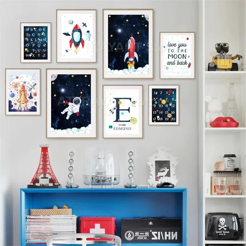 

Custom Name Posters Space Rocket Planet Astronaut Number Alphabet Nursery Wall Art Canvas Painting Prints Kids Boys Room Decor