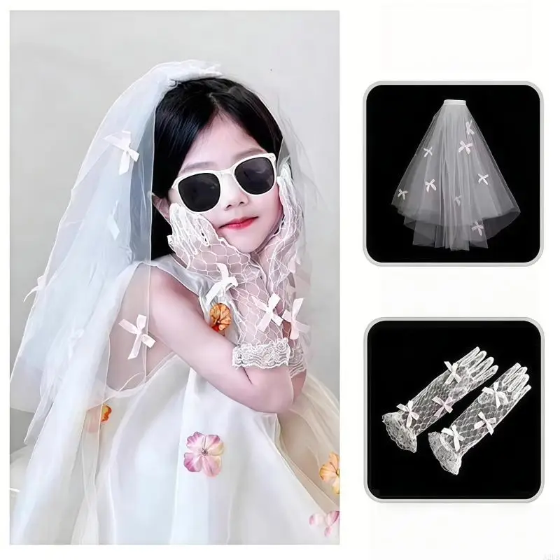 

Pink Bows Veil Hair Clip with Lace Gloves Net Veil for Girls Queen Birthday Photo Accessories A2UB