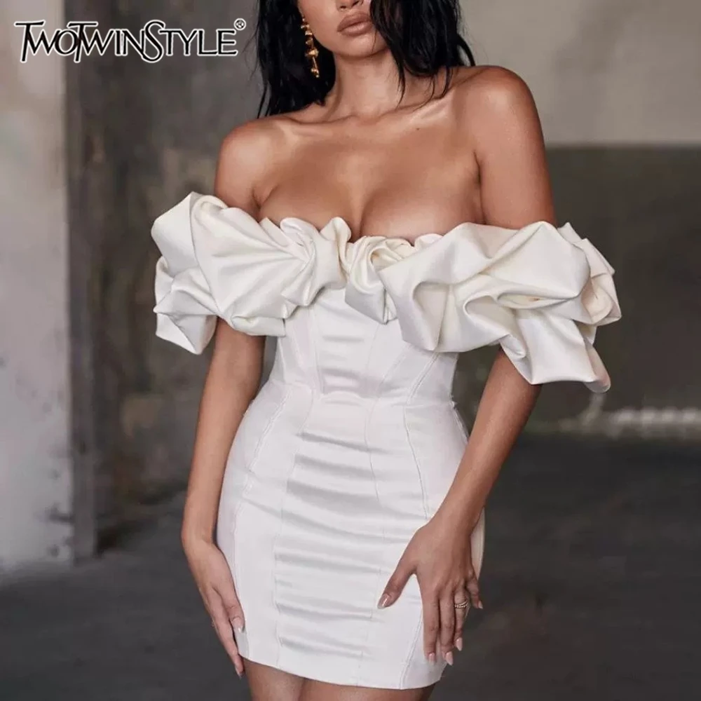 TWOTWINSTYLE Solid Mini Sexy Dresses for Women Slash Neck Ruffle Sleeveless Ruched Slim Skirt for Night Dating Cocktail Style