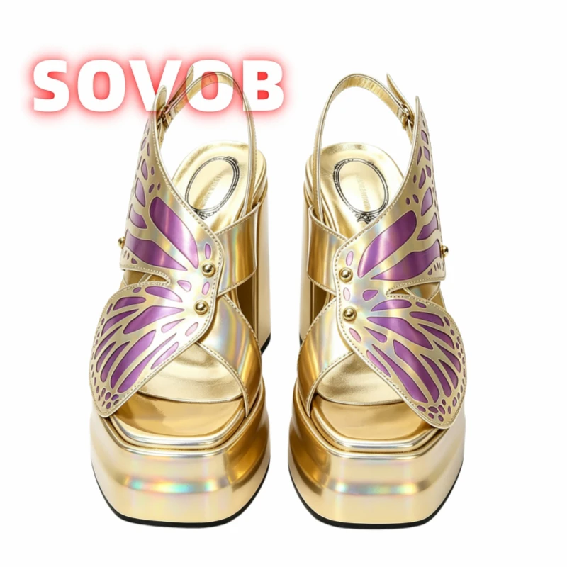 

Gothic Butterfly Platform Heeled Sandals, Holographic Gold Chunky Heel Shoes with Cut Wings, Ankle Strap Open Toe Party Footwear