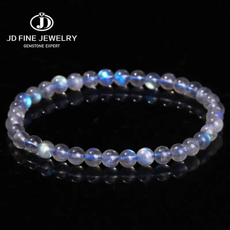 JD 5A Genuine Natural Gray Moonstone Bead Charm Bracelets Women Men Fashon Blue Light Flash Labradorite Strand Energy Bracelet