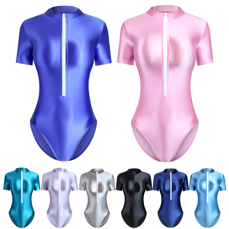 MJINM Women Glossy Satin One Piece Swimsuit Short Sleeve Oil Bodysuits High Cut Front Zipper Shiny Yoga Sportswear Bathing Suit