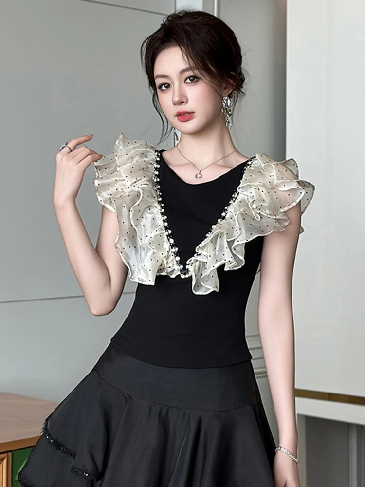 

Women's French Style Ruffled Tops Lady Sweet Cute Black Slim T-shirt for Woman Party Prom Elegant Clothes Street Date Wear Femme