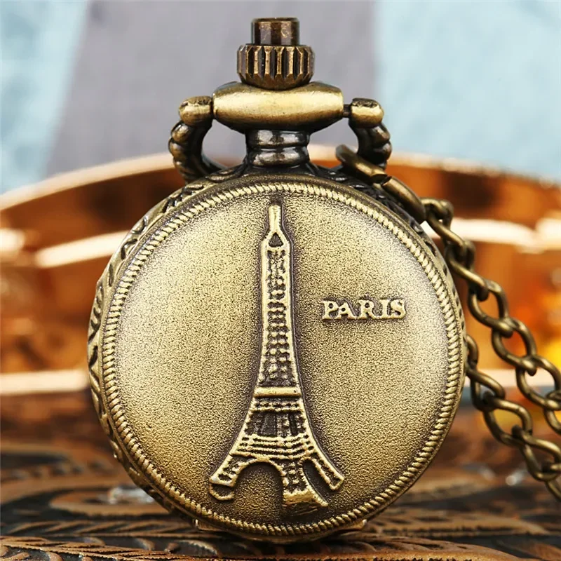 

Vintage Mini Clock Paris Tower Full Hunter Cover Antique Quartz Analog Pocket Watch for Men Women Necklace Chain Collectable