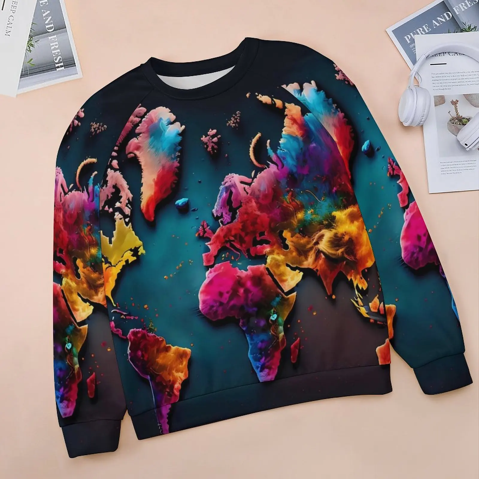 Colorful World Map Hoodies Map Of The World Street Wear Oversized Hoodie Womens Long-Sleeve Cute Custom Casual Clothes