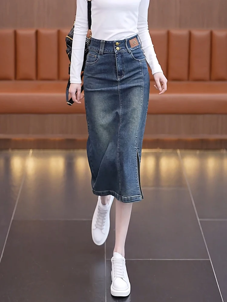 

High Waist Midi Straight Leg Denim Skirt Women's Spring Autumn 2026 New A-Line Slit Bodycon Half-length Skirts