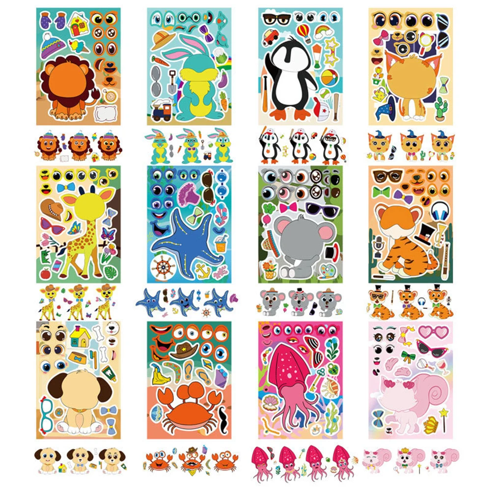 6/12sheets Cute Mixed Animals Cartoon Puzzle Stickers Make a Face Children DIY Funny Party Game Assemble Jigsaw Decals Toy Gift 4