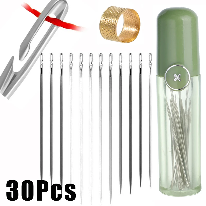 30Pcs Side Hole Blind Sewing Needles Stainless Steel Elderly Self Threading Needles 3 Sizes Stitching Pin DIY Hand Sewing Needle