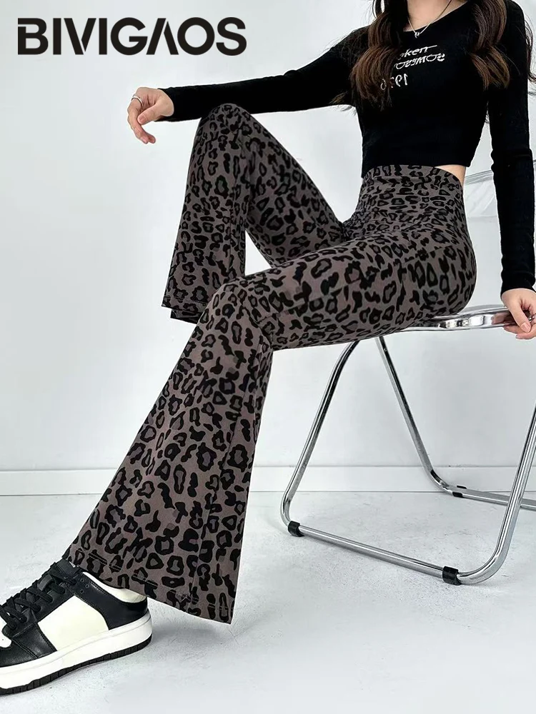 BIVIGAOS Spirng Autumn Fashion Leopard Print Flared Leggings Women High Waist Slimming FLeece Warm Elastic Flared Pants