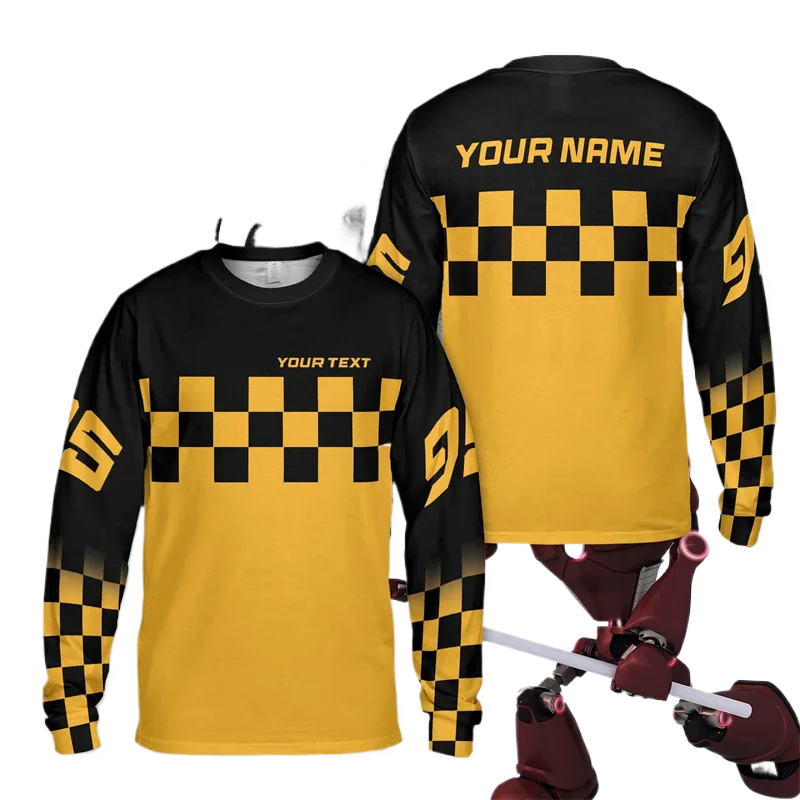 Men's Personalized Color‑Checkered Motocross Long‑Sleeve Top, Dirt Bike 3D‑Printed T‑Shirt, Loose Breathable Men's Tee