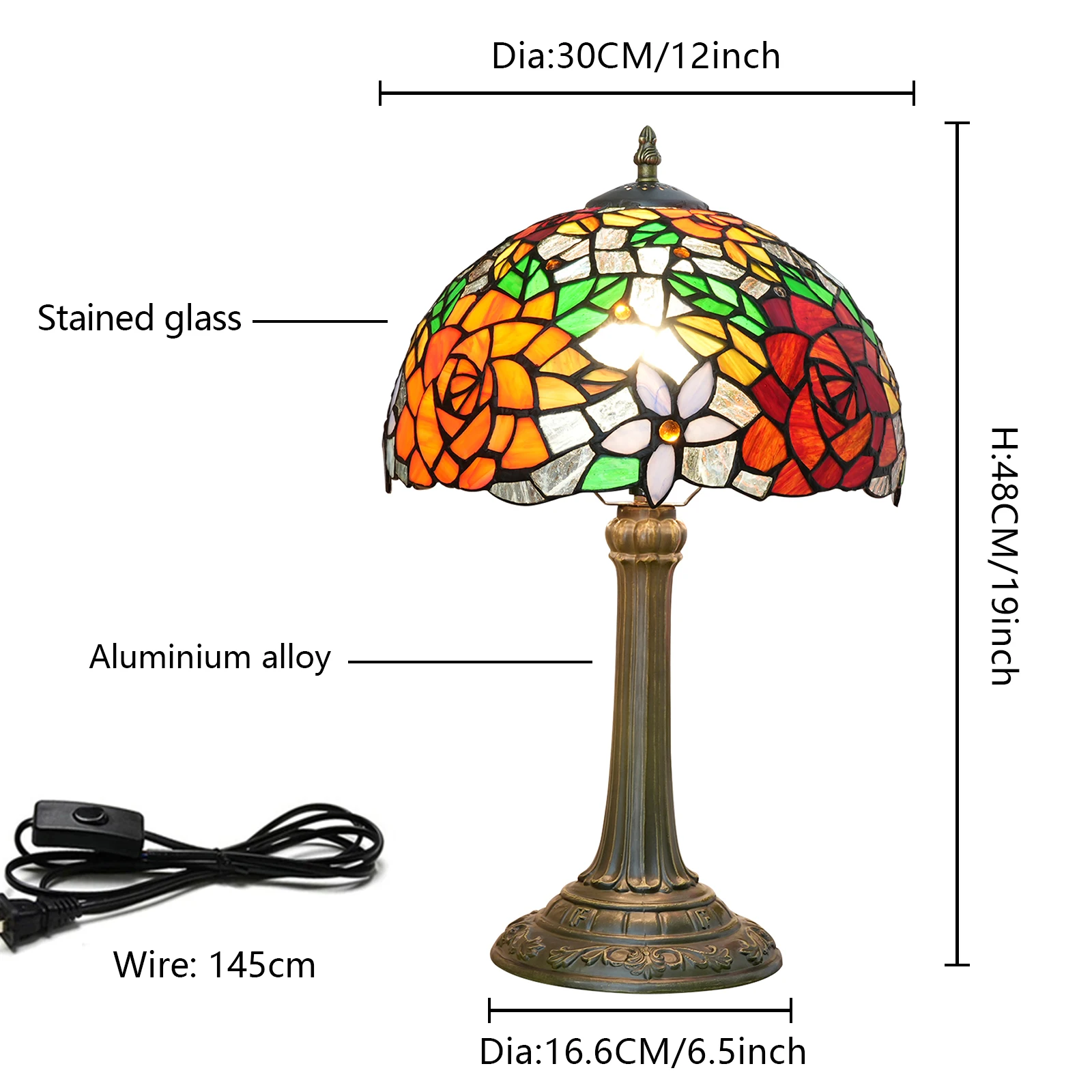 Tiffany Style Stained Glass Table Lamp, Floral Pattern Desk Light with Antique Alloy Base,Red Roses Decorative Lighting for Home