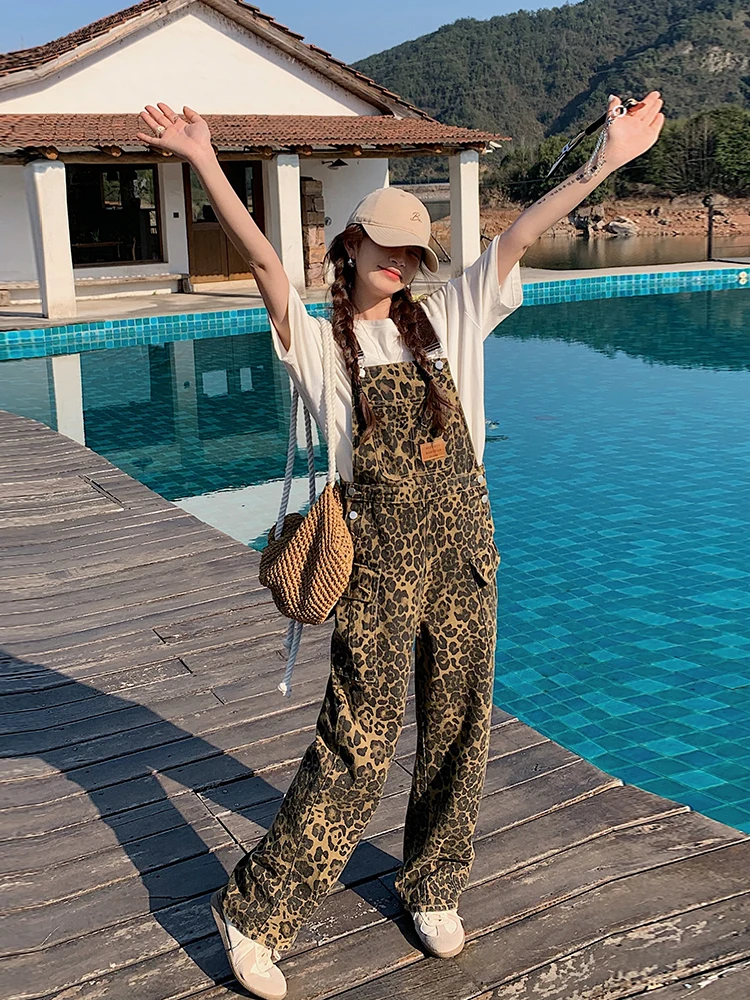 

Ретро-комбинезон женский с леопардовым принтом и цветными вставками, широкие штанины, модный корейский стиль, весна-осень, новинка