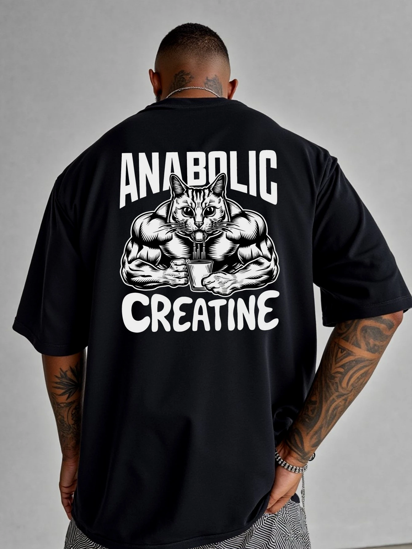 Men's Meme Anabolic Creatine Muscular Cat Sports Fitness T Shirt Cotton Tee Casual Oversize Summer Spring Loose Top Streetwear