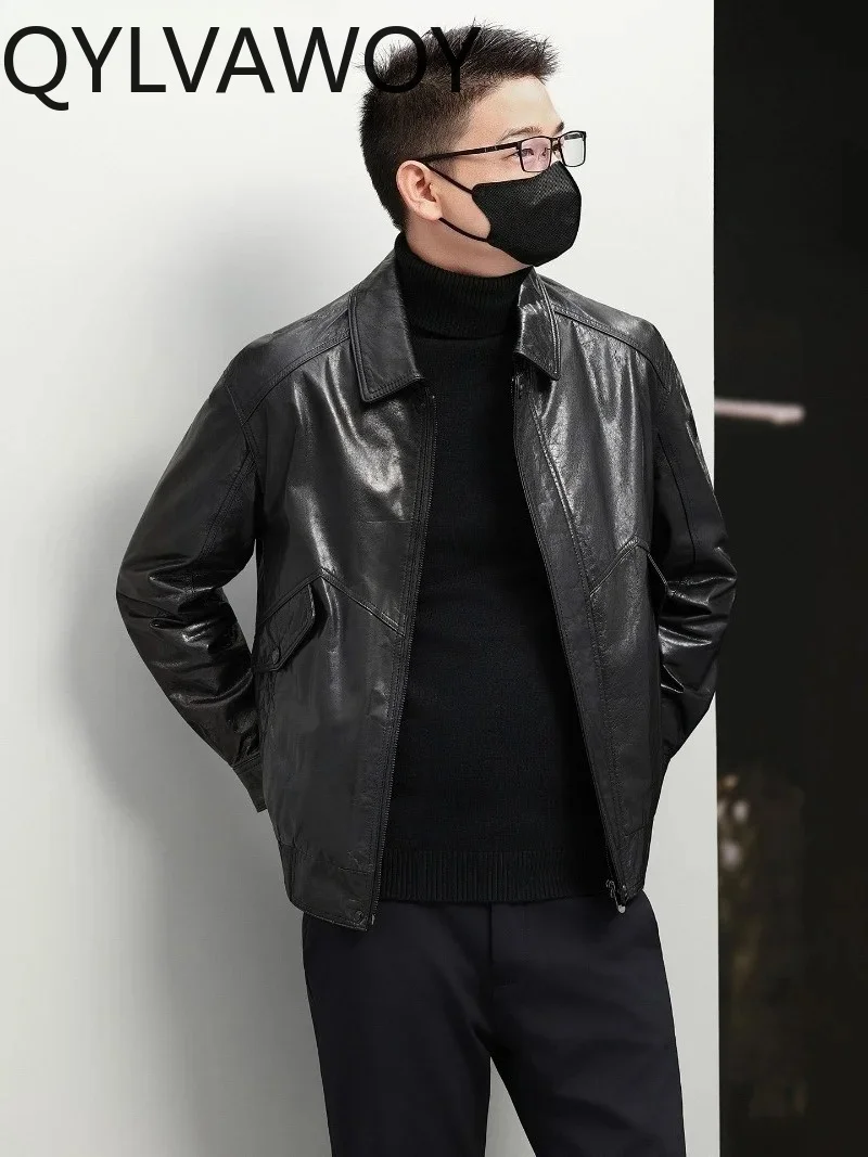 QYLVAWOY Short Real Leather Puffer Coats Top Layer Cowhide 100% Genuine Leather Jacket Men Autumn Winter Detachable Down Liner