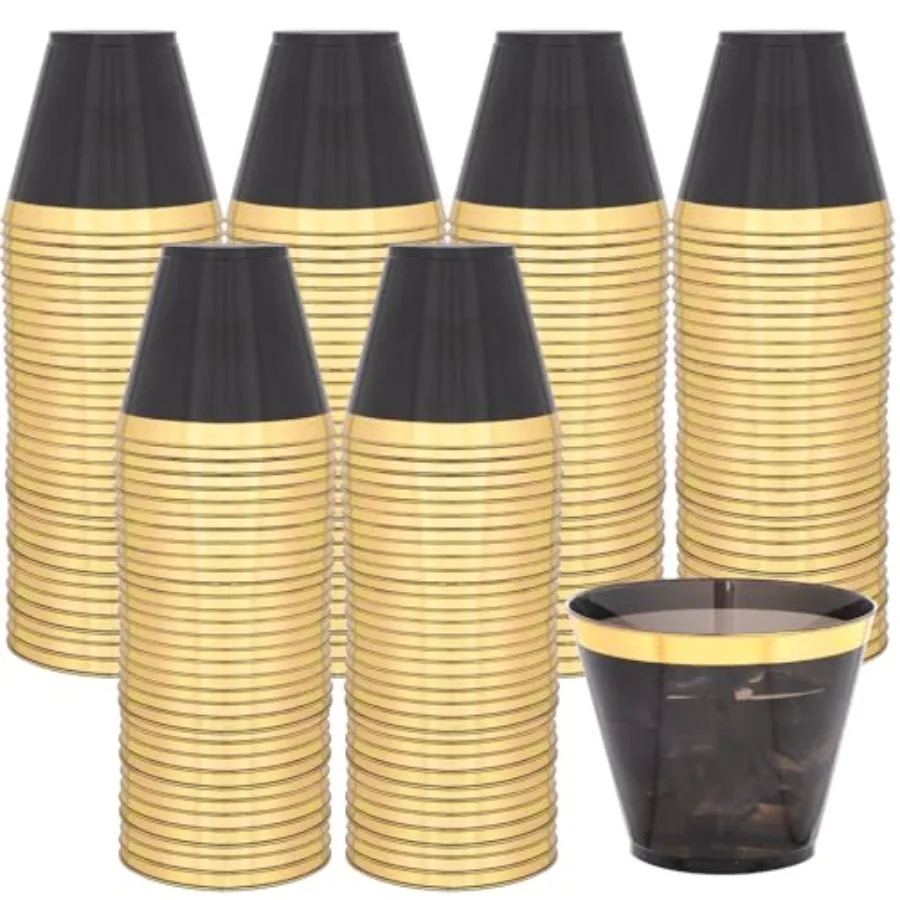 

100pcs Black and Gold Cups - Heavy Duty Black Plastic Cups with Gold Rim Premium Disposable Wine Cups Tumblers for Wedding, Par