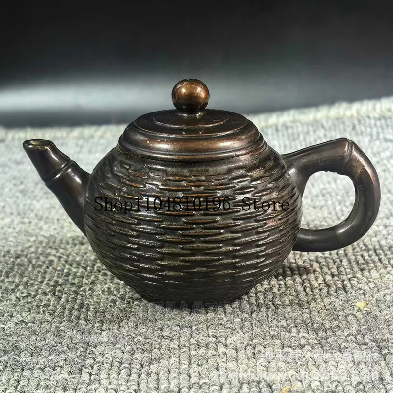 Brass relief-carved teapot with dragon and phoenix motifs, bamboo-patterned water pitcher, decorative piece for the office, a gi