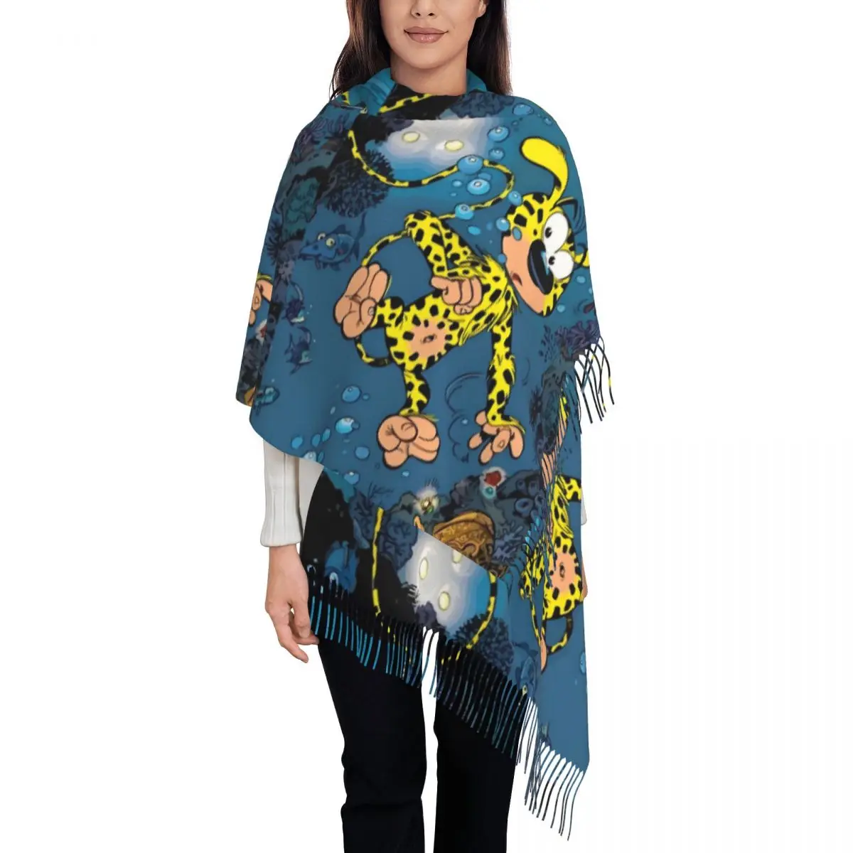 

Fashion Cartoon Marsupilami Tassel Scarf Women Winter Fall Warm Shawls Wraps Ladies Under Water Motion Scarves