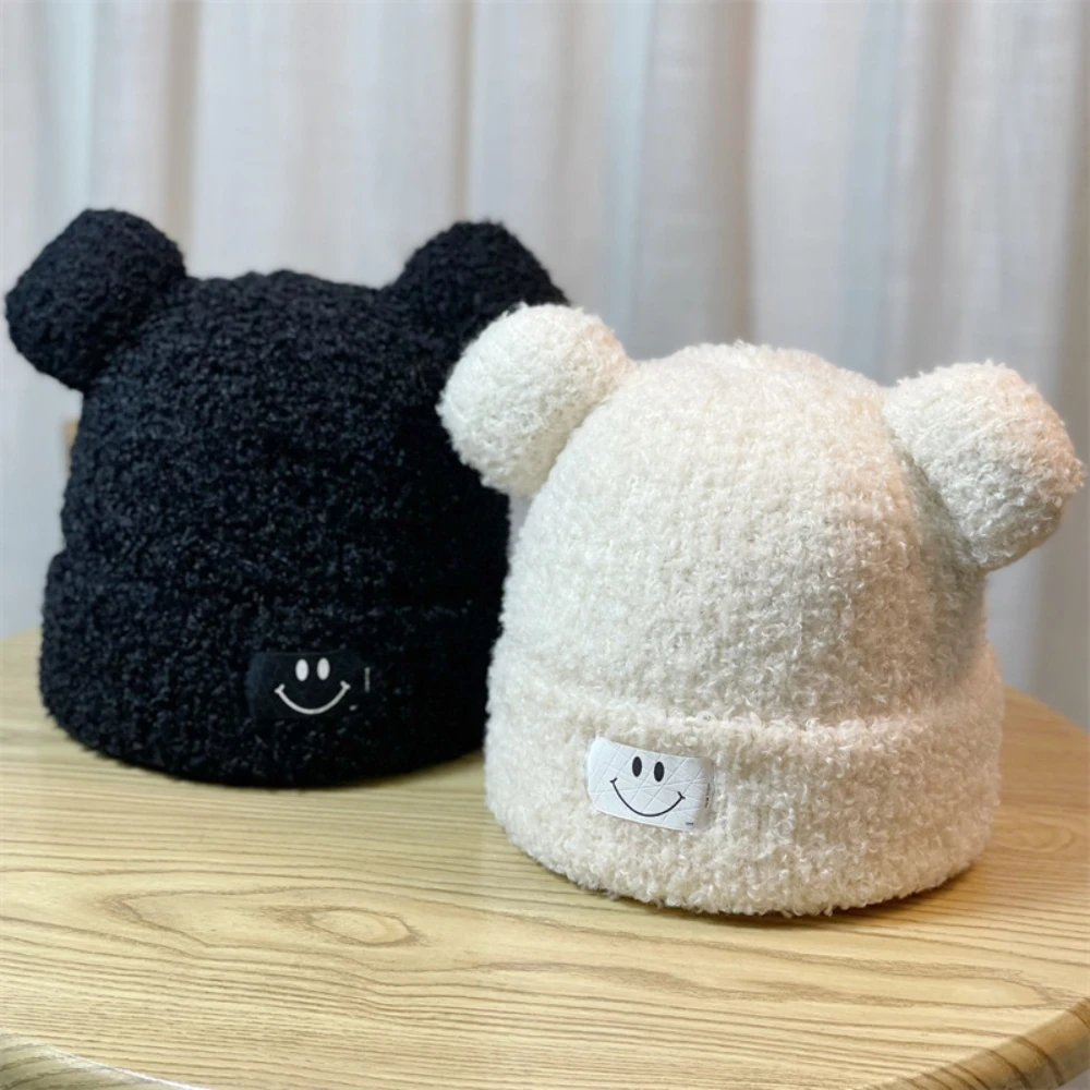 

New Cute Winter Plush Beanie For Women Cartoon Bear Ears Knitted Wool Hat For Women Solid Color Thickened Sherpa Hat