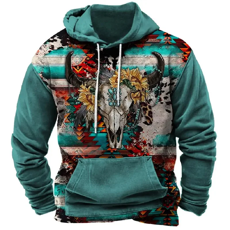 North America Demon Wendigo Print Hoodies Western Cowboy Hooded Sweatshirts Daily Casual Oversized Pullovers Vintage Streetwear