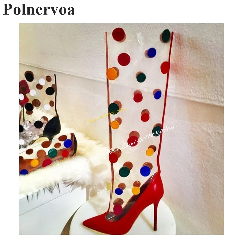 

Trending Knee High Mixed Dot PVC Boots Thin High Heel Shoes For Women Slip On Pointed Toe 2024 Fashionable Zapatos Para Mujere