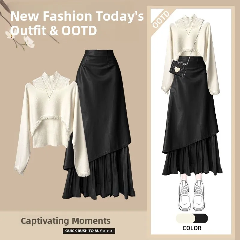 Fall Vintage Melne Women's Faion Set High Waist Skirt Vest Tee-Piece Suit Casual Sle Long Sve Knitted Top