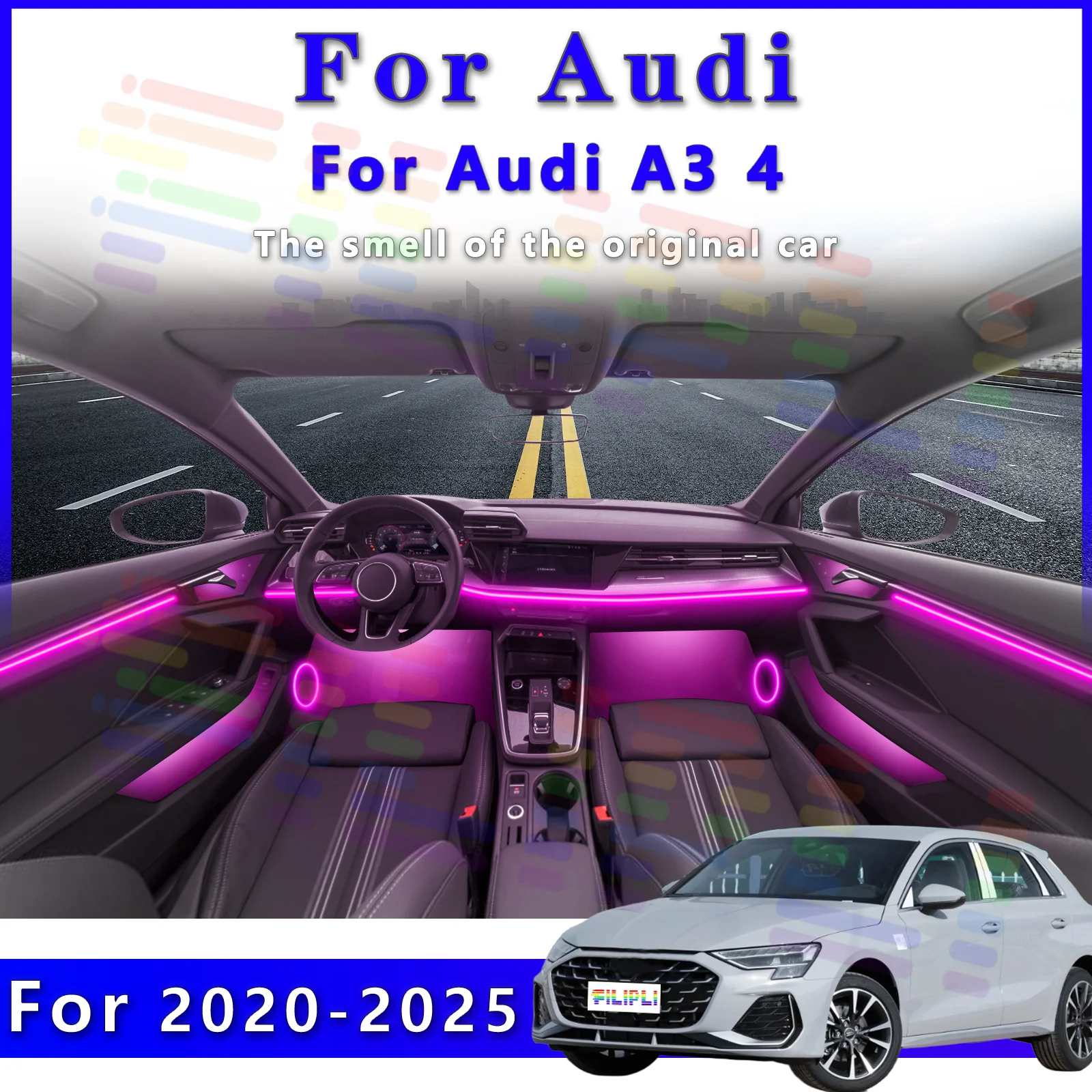 

Для Audi A3 2020-2025: Светодиодная RGB-подсветка салона, оптоволоконная неоновая невидимая атмосферная лента, декоративная подсветка с управлением через приложение