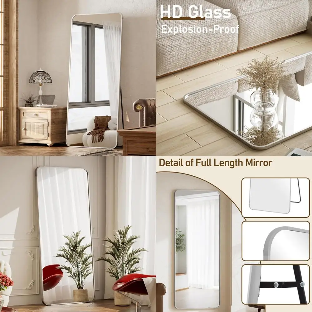 Full Length Silver Mirror 65x24, Floor Standing or Wall Leaning, Suitable for Bedroom and Hallway, Rounded Corners for Safety
