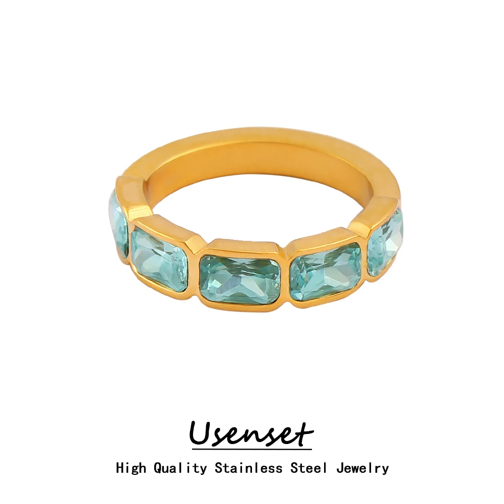 USENSET Lucido AAA Blu Cubic Zirconia Acciaio Inossidabile 18K Oro PVD Placcato Anello Temperamento Moda Donna Dito Gioielli Regalo