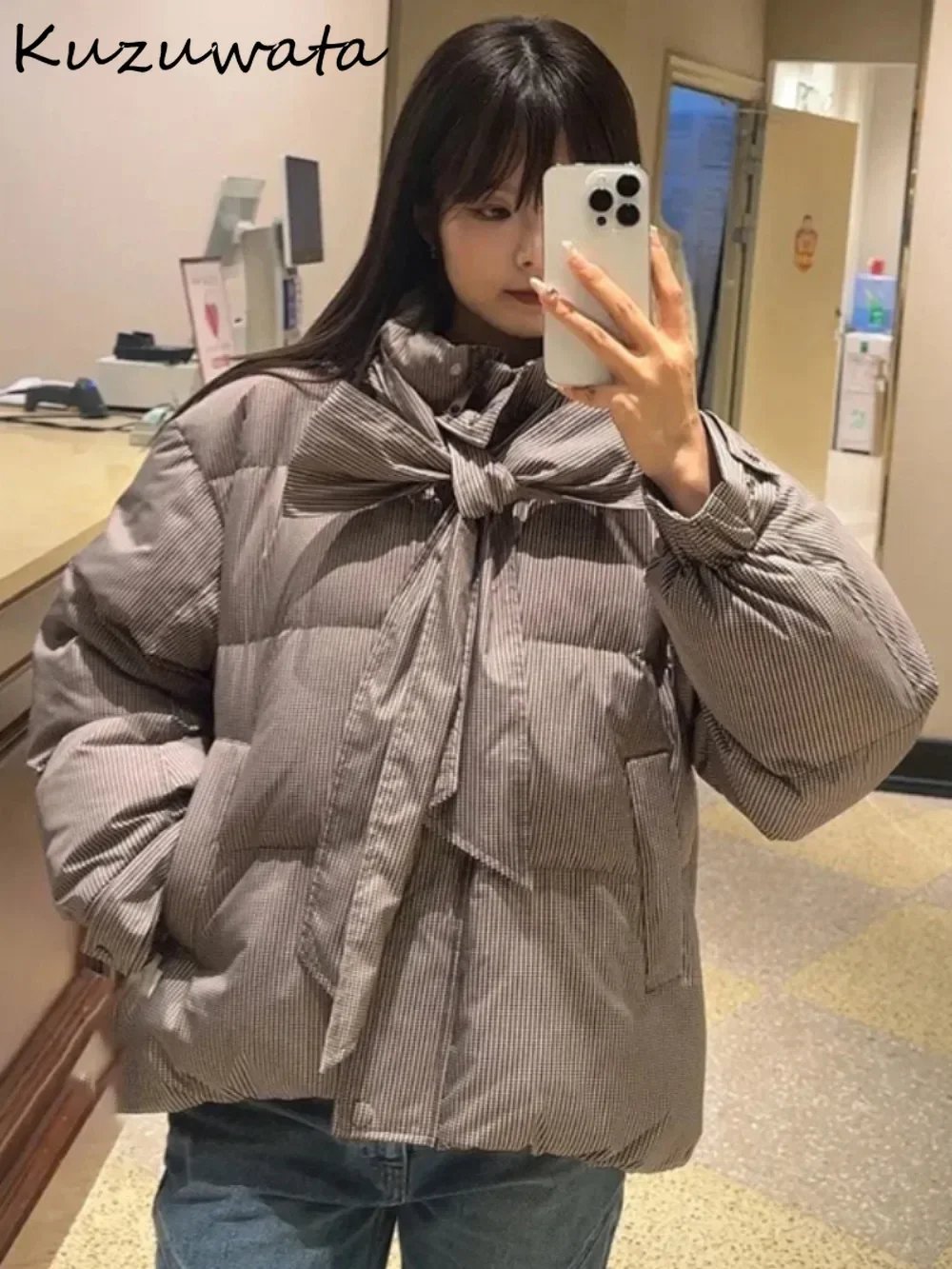 Kuzuwata New Winter Hooded Print Bow Lace Up Parkas Short Small Fellow Sweet Literary Down Coats Japan Unique Loose Moda Jacket