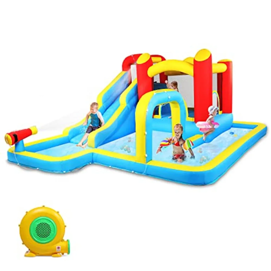 

Outdoor inflatable water slide with climbing wall and water gun for pool area parties; PVC material blue and yellow; includes a