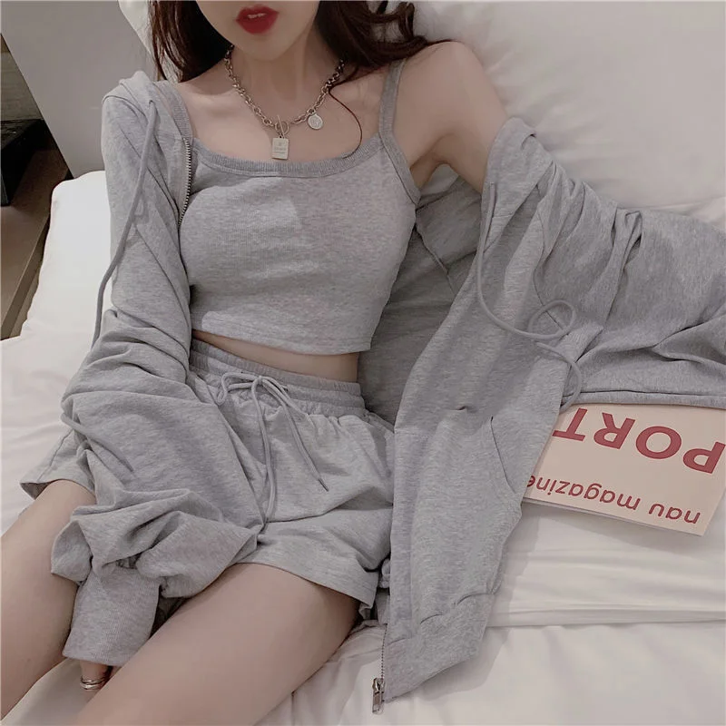 

Gray Camis Cardigans Loungewear Women Pajamas 3 Pieces Set Summer Sleepwear Nightgown Suits with Shorts Home Wear Soft Casual