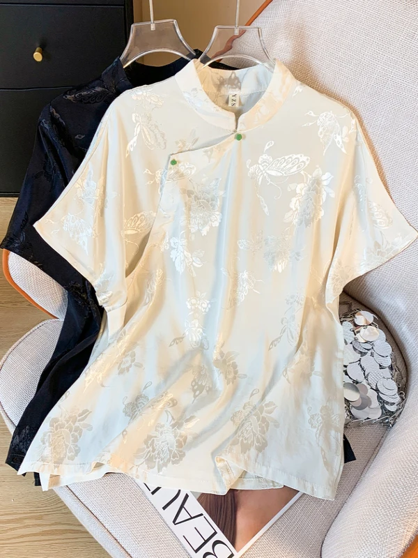 

Elegant Chinese Style Beaded Silk Top Women's plus Size Design Drapey Tea Costume Embroidered Stand Collar Short Sleeve