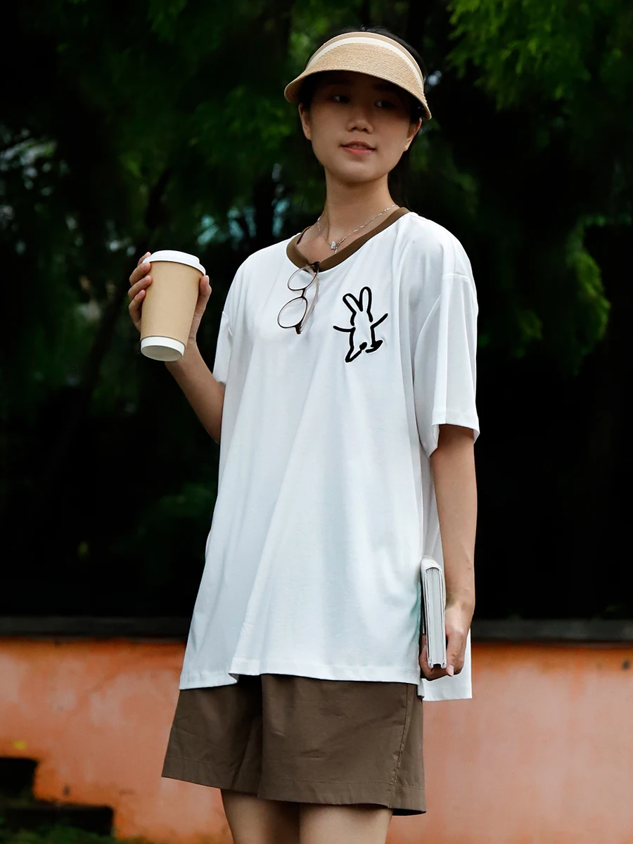 

Summer Printed ort Sve round Ne T-irt Women's Loose Casual Sle Top Cotton Combed Fabric Youth Cartoon Pattern