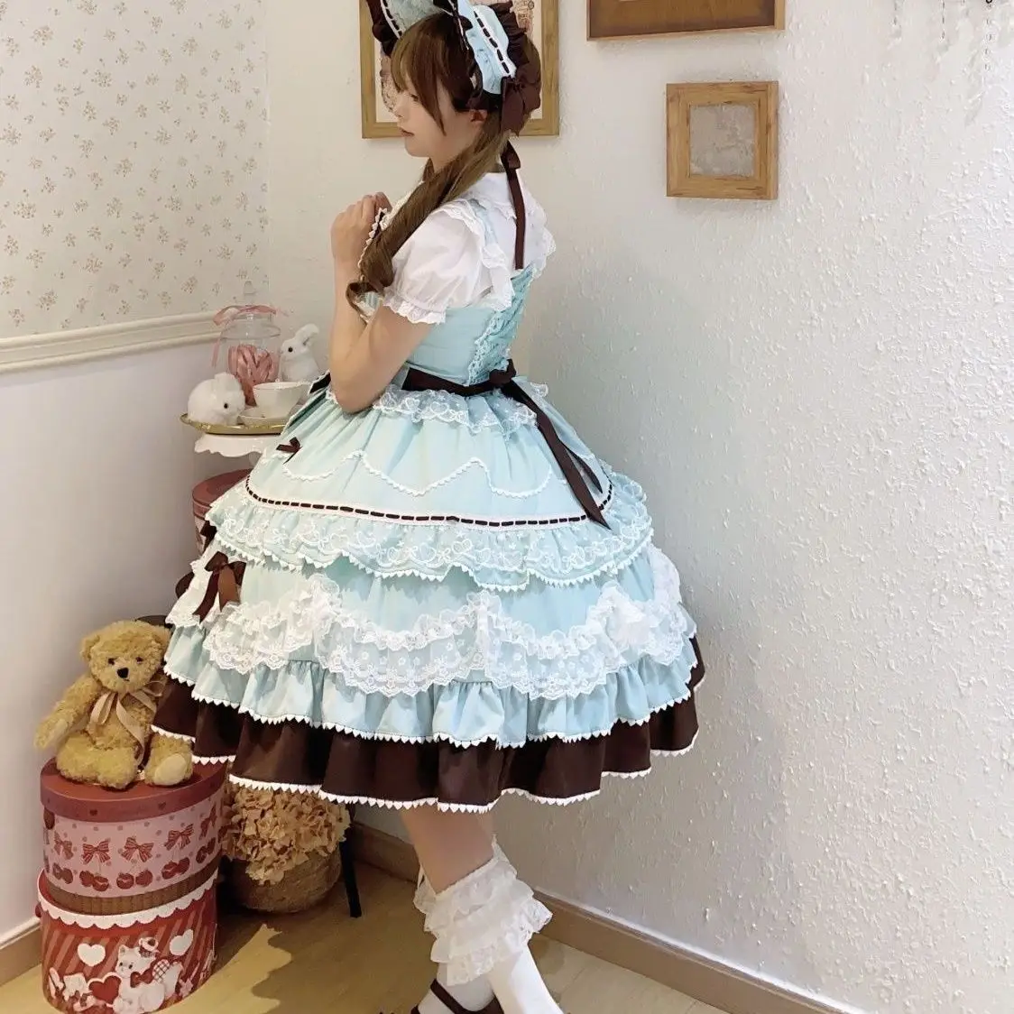 Sweet Lolita Jsk Dress Mint Chocolate Multi-Layer Lace Ruffle Bow Princess Dress Japanese Harajuku Party Cosplay Outfit Women