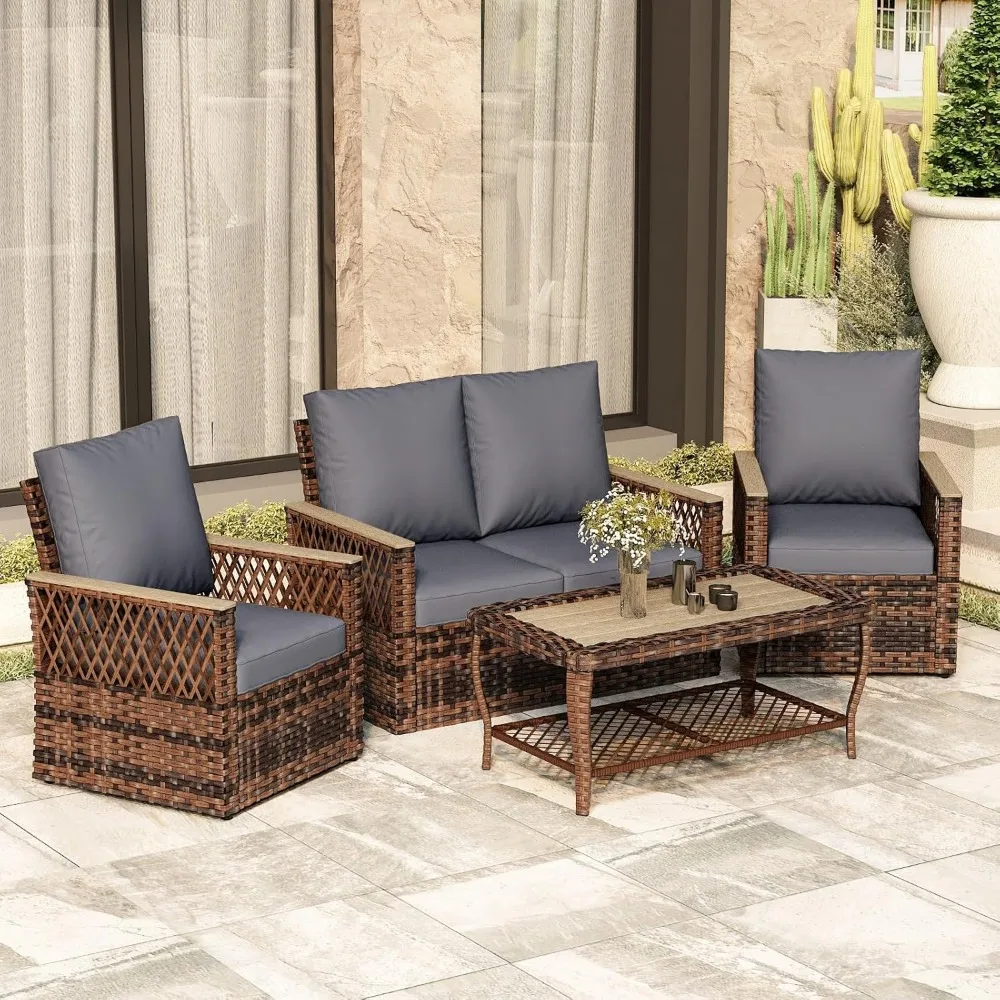 

4 Pieces Patio Furniture Set, Outdoor Wicker Chairs with Loveseats and Coffee Table, All-Weather Patio Conversation Set with Wa